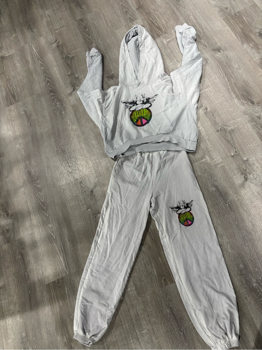 Boys Lie White Hoodie & Jogger Pajama Set with Multicolor Peace Patch